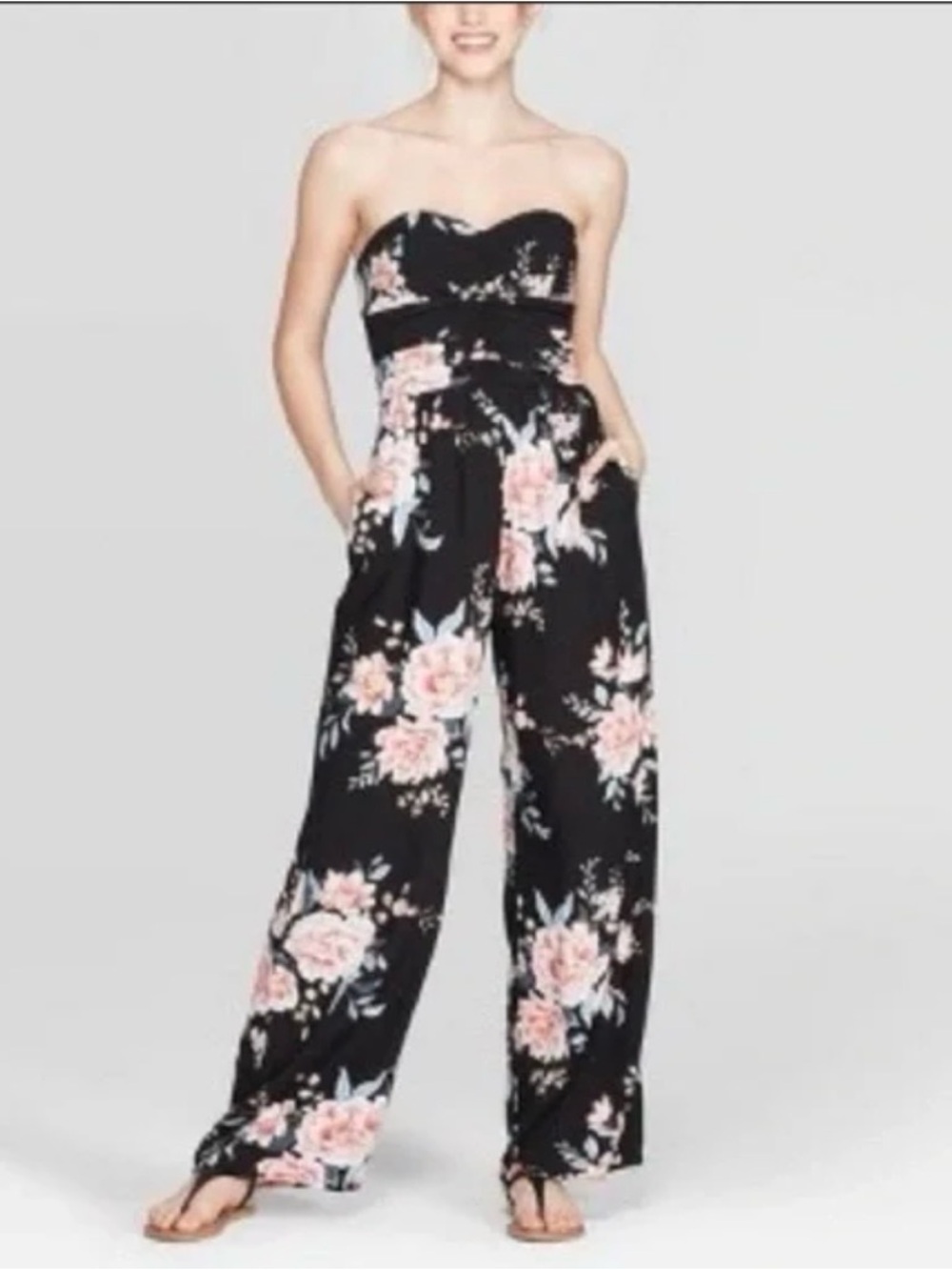 Xhilaration Strapless Black Floral Jumpsuit with Wide Leg small